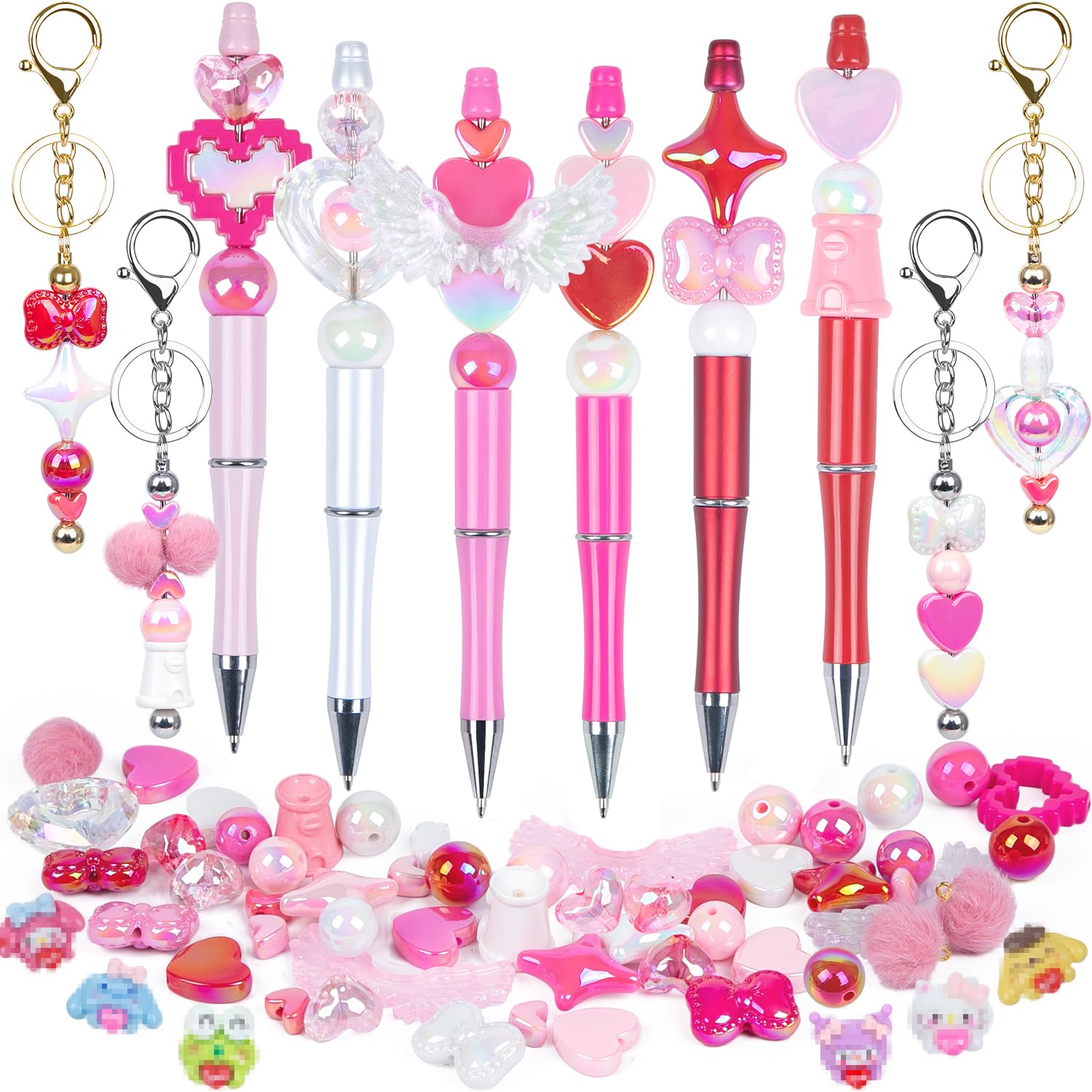 foci cozi 55PCS Beaded Ballpoint Pen Keychain Making Kit, Beadable Pens Keychain Bulk-Valentines Day Gifts Ballpoint Pens for Kids Classroom