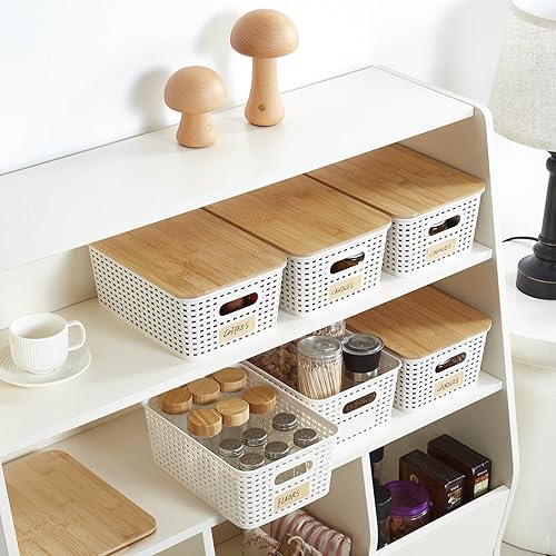 Miniatura 5 de Contenedores pequeños de plástico con tapas de bambú de 5.2 cuartos de galón, cesta apilable para despensa, contenedores decorativos lindos con