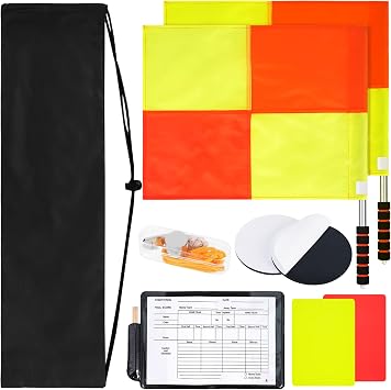 9 Pcs Soccer Referee Kit, 2 Pcs Soccer Referee Flag, Red Yellow Cards with Notebook and Pencil, Coach Stainless Steel Whistles with Lanyard