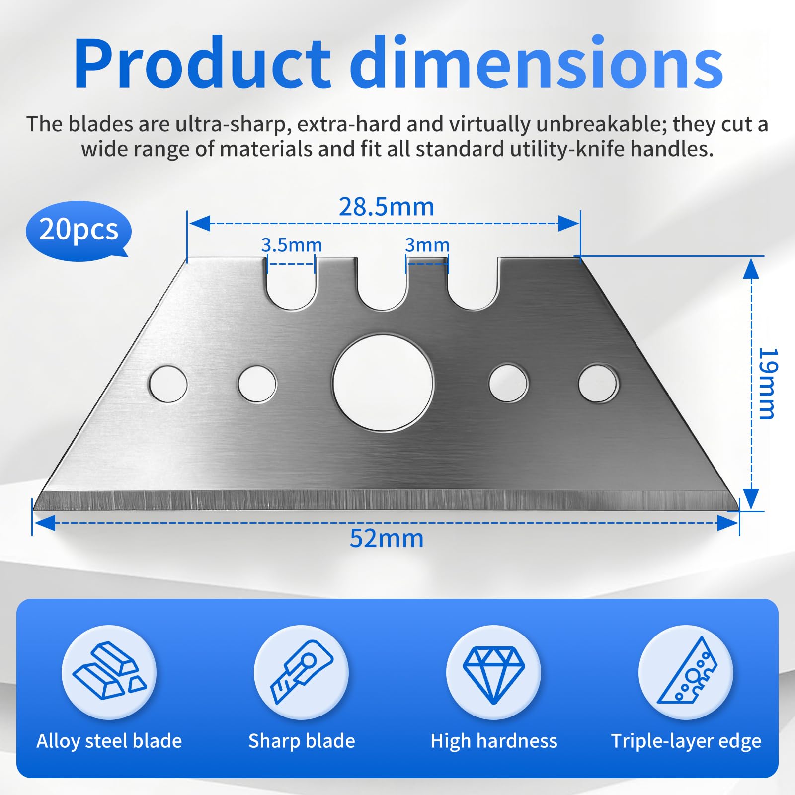 Lame per Cutter Trapezoidali 52mm - Set da 20 Lame Trapezoidali di Ricambio per Cutter con 2 Protezione per Dito, Adatto per Tagliare Tappeti, Plastica, Cuoio e Cartone, Perfetto per Uso Domestico