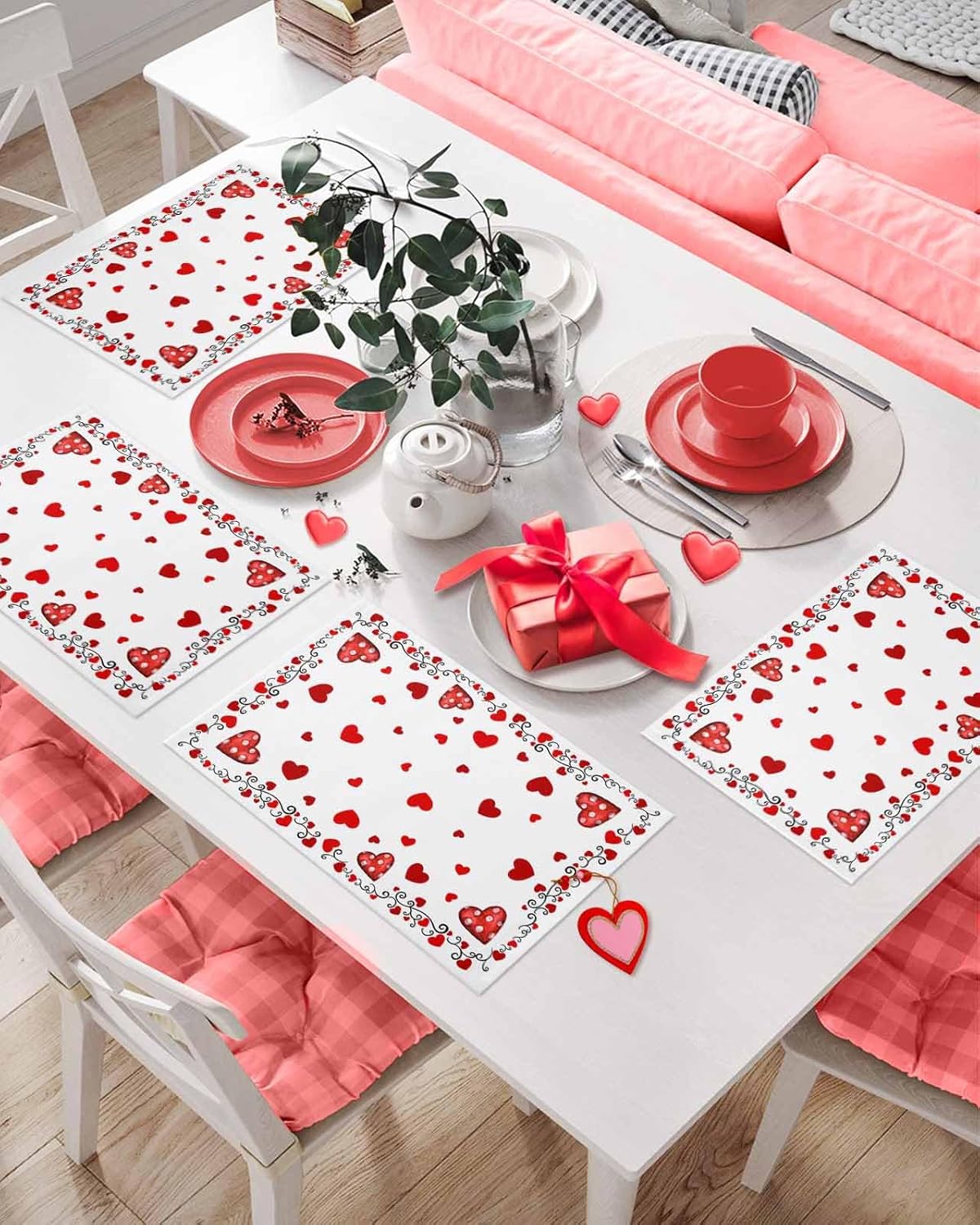 Happy Valentine's Day Placemats Set of 4 Washable Table Mats for Kitchen Dining Table, Cotton Linen Place Mats for Indoor Outdoor Parties Holiday Decoration, Love Heart Polka Dots