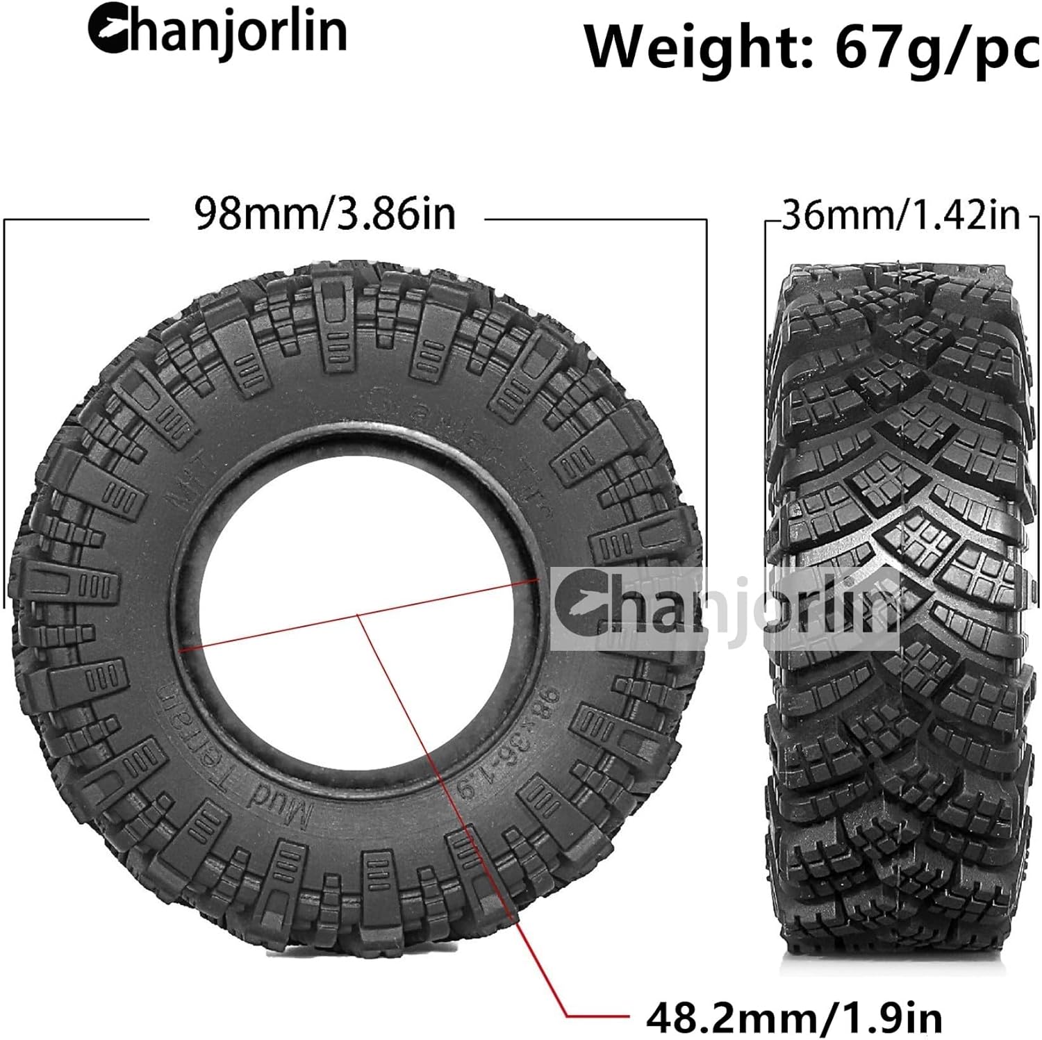1.9 RC Tires OD 98mm 1/10 Rubber All Terrain Mud Crawler Tyres with Foam for 1:10 Rock Crawler Car Axial SCX10 SCX10 III AXI03007 D90 TF2 MST Tamiya RR10 Beadlock Wheels Hubs 4PCS