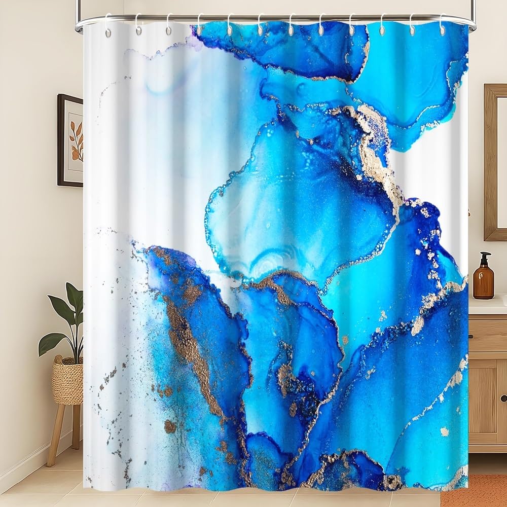 Xiaoterna Marble Shower Curtain Modern Luxury Blue Gradient Marble Waterproof Bathroom Curtain Abstract Art Gilding Wave Textured Washable Mildew Resistant Fabric Home Decoration 220x180cm