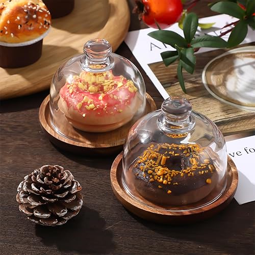 Vista 7 de Yardwe 2 Pack Mini Glass Dessert Dome with Wooden Base - 3.4 Inch Cake Stand with Clear Glass Cover for Cupcakes Pastries Candy Display