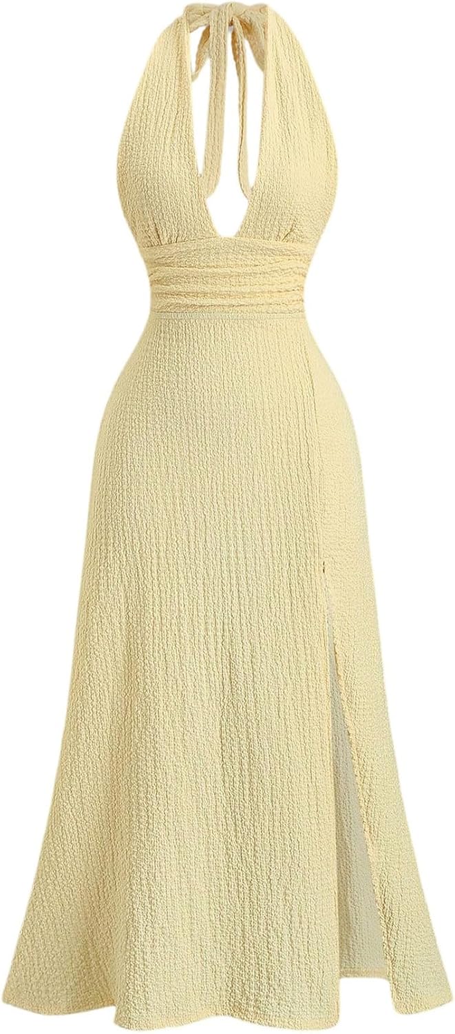 SOLY HUX Women Halter Maxi Dress Bodycon Tie Back