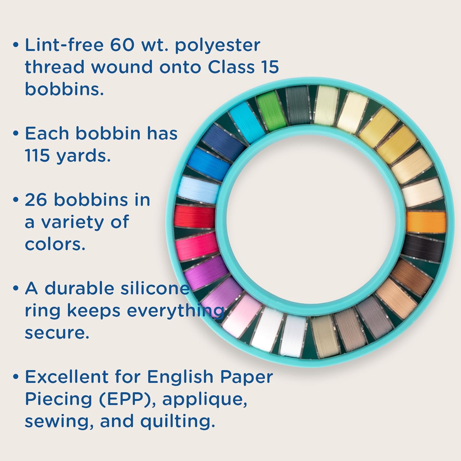 YLI Color Wheel Prewound Bobbins - Class 15 60 wt Polyester, Lint Free - 26 Pack with Silicone Ring