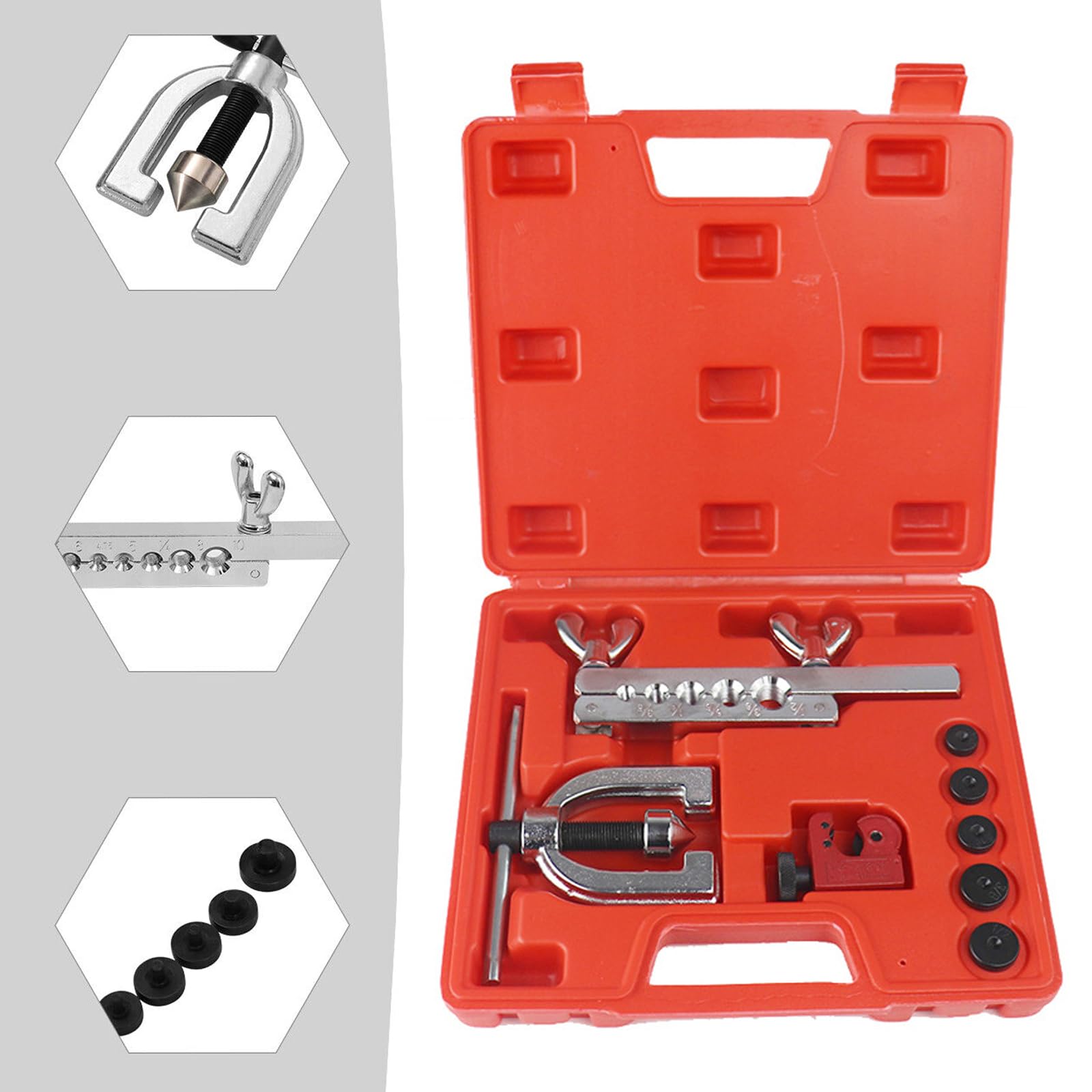 Tubo de freno con rebordeador, juego de herramientas para ensanchar, dispositivo de rebordeado para tuberías de freno, doblador de tuberías con cortatubos de 3/16", 1/4", 5/16", 3/8", 1/2" para línea