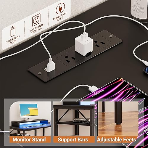 Miniatura 5 de Unikito Escritorio reversible en forma de L con tomas de corriente mágicas y luz LED inteligente, escritorio de esquina para computadora robusto con