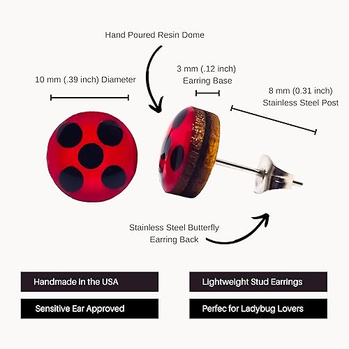 Miniatura 3 de Aretes de tachuelas, mariquita, manchas negras de 10 mm, aretes redondos para mujeres y niñas hechos a mano, entradas de acero inoxidable para