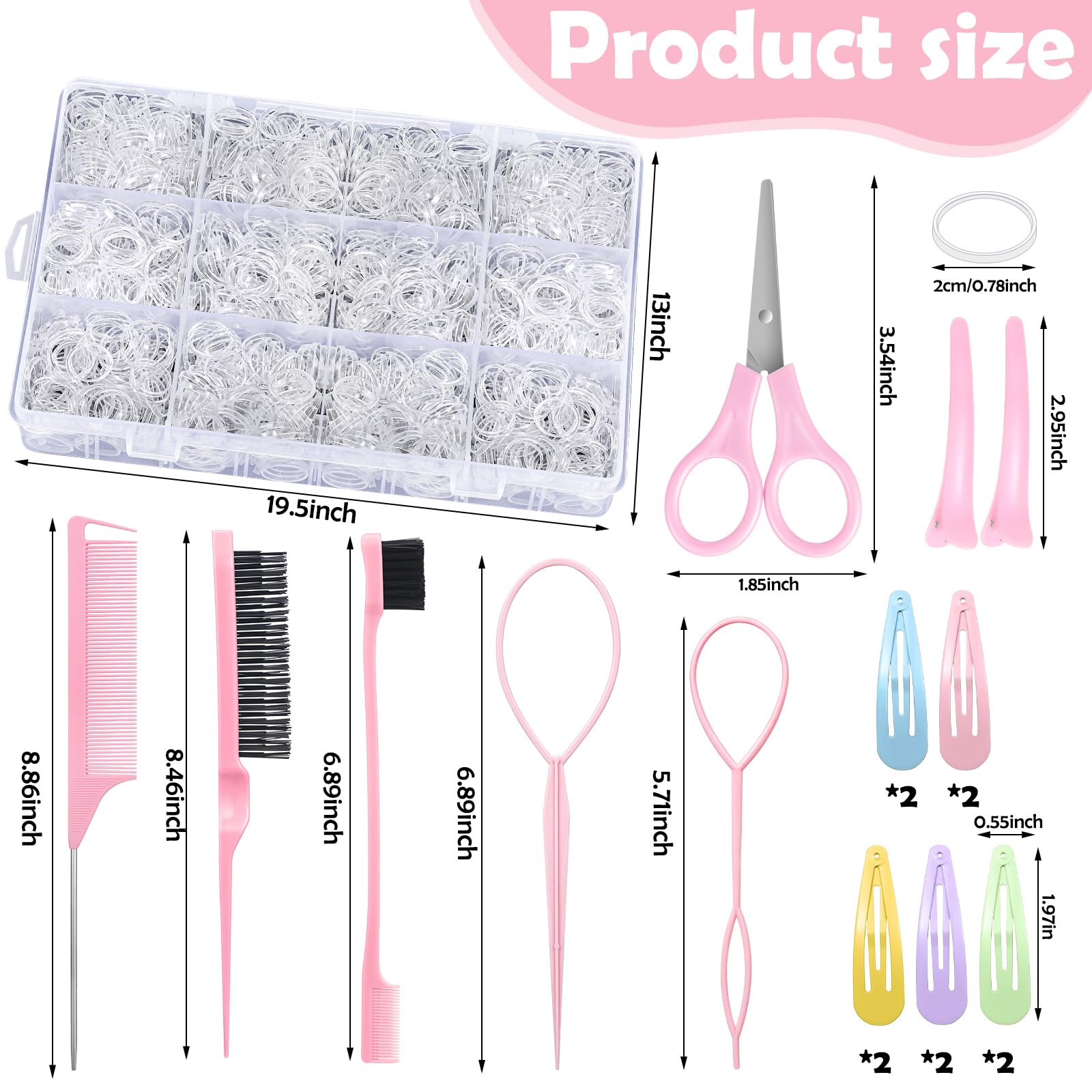 Juego de 2200 lazos elásticos transparentes para el cabello con 18 herramientas para peinar el cabello, mini bandas elásticas transparentes para el cabello, tijeras para cortar el pelo, accesorios