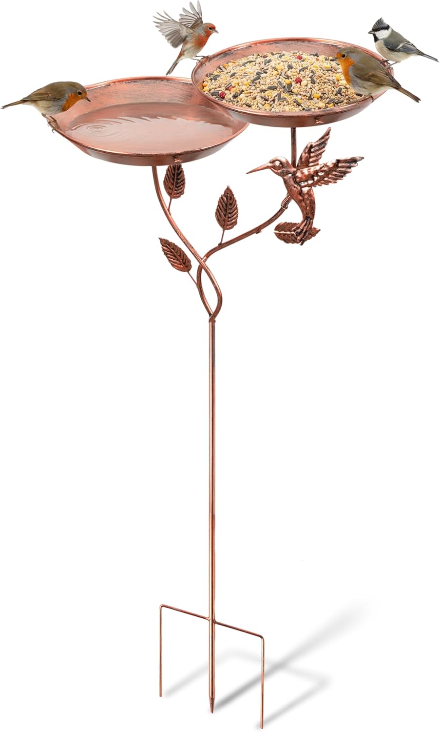 37.4 Inch Floral Metal Bird Bath for Outside - Standing Bird Feeder with Dual Flower Bowls Detachable Birdbath with Hummingbird Decor Metal Stake Base for Garden Yard Outdoor (Yellow)