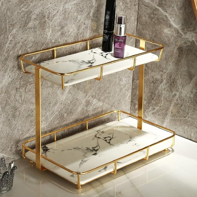 Organizador de bancada Dobbyby com 2 níveis, bandejas de cerâmica e estrutura dourada, 28,98 x 19 x 25,48 cm