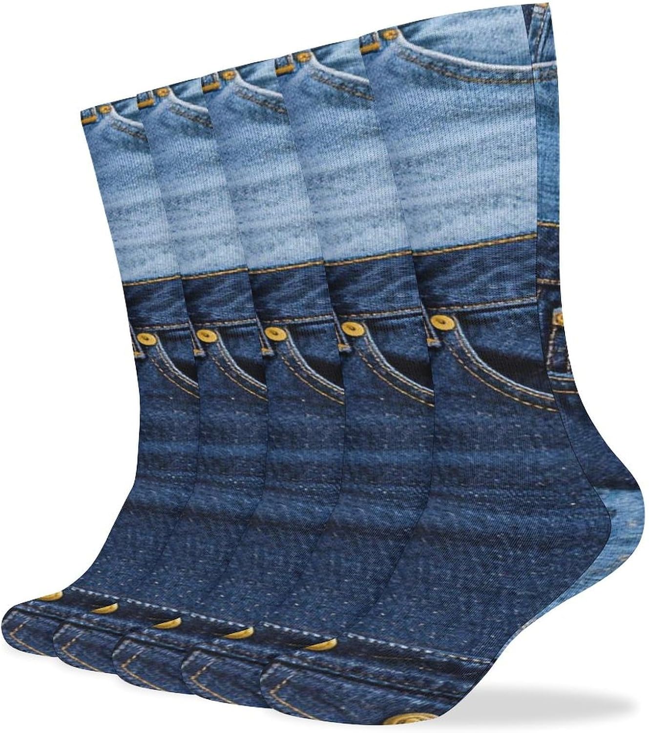 5-Pack Knee High Socks, 15.7 Inch Breathable Casual Socks Denim Print Stockings for Men Women