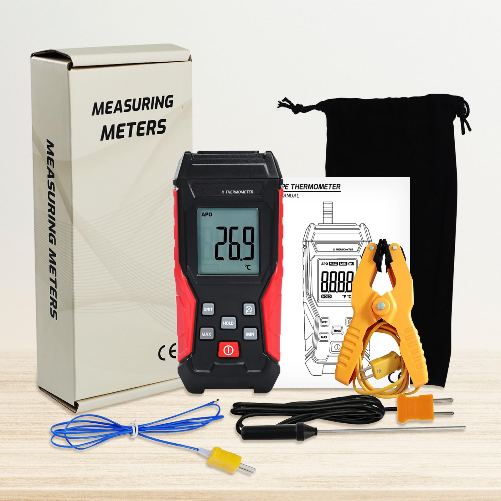 Termometro digitale tipo K 2 sonde termocoppia 2 pinze temperatura industriale monocanale -328°F a 2500°F display LCD retroilluminato Max/Min mantenimento dati