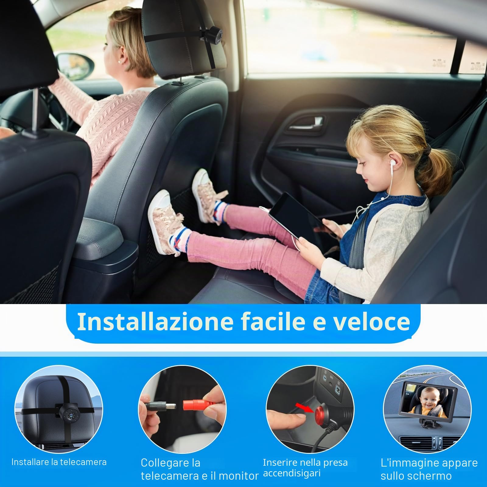 7" Baby Car Camera, 1080p IR Night Vision Baby Mirror con angolo largo 178° – HD IPS Display Rear Facing Monitor, Safe Driving for New Parents, Infants, Kids & Toddlers