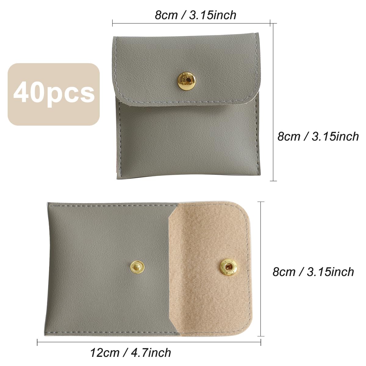 40pcs PU Leather Small Bags for Jewelry 8 x 8cm Snap Button Jewelry Packaging Bag Grey Luxury Small Favor Bags Jewelry Gift Bags for Earrings Necklaces Bracelet Ring
