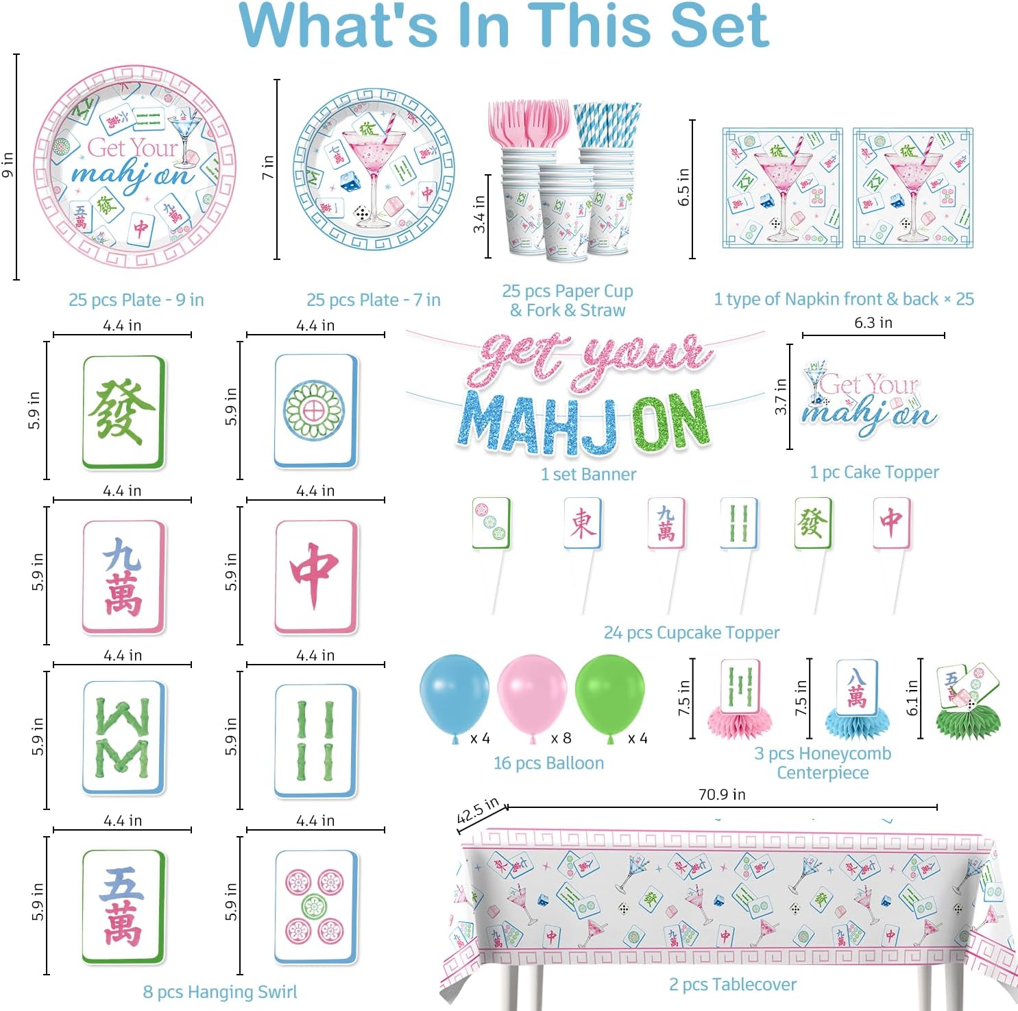 wellspan Mahjong Party Supplies for 25 Guests, 205 PCS All-in-One Pastel Pink Blue Green Mahjong Party Tableware Set with Mahjong Plates and Napkins, Banner, Balloons, Tablecloth & Centerpieces