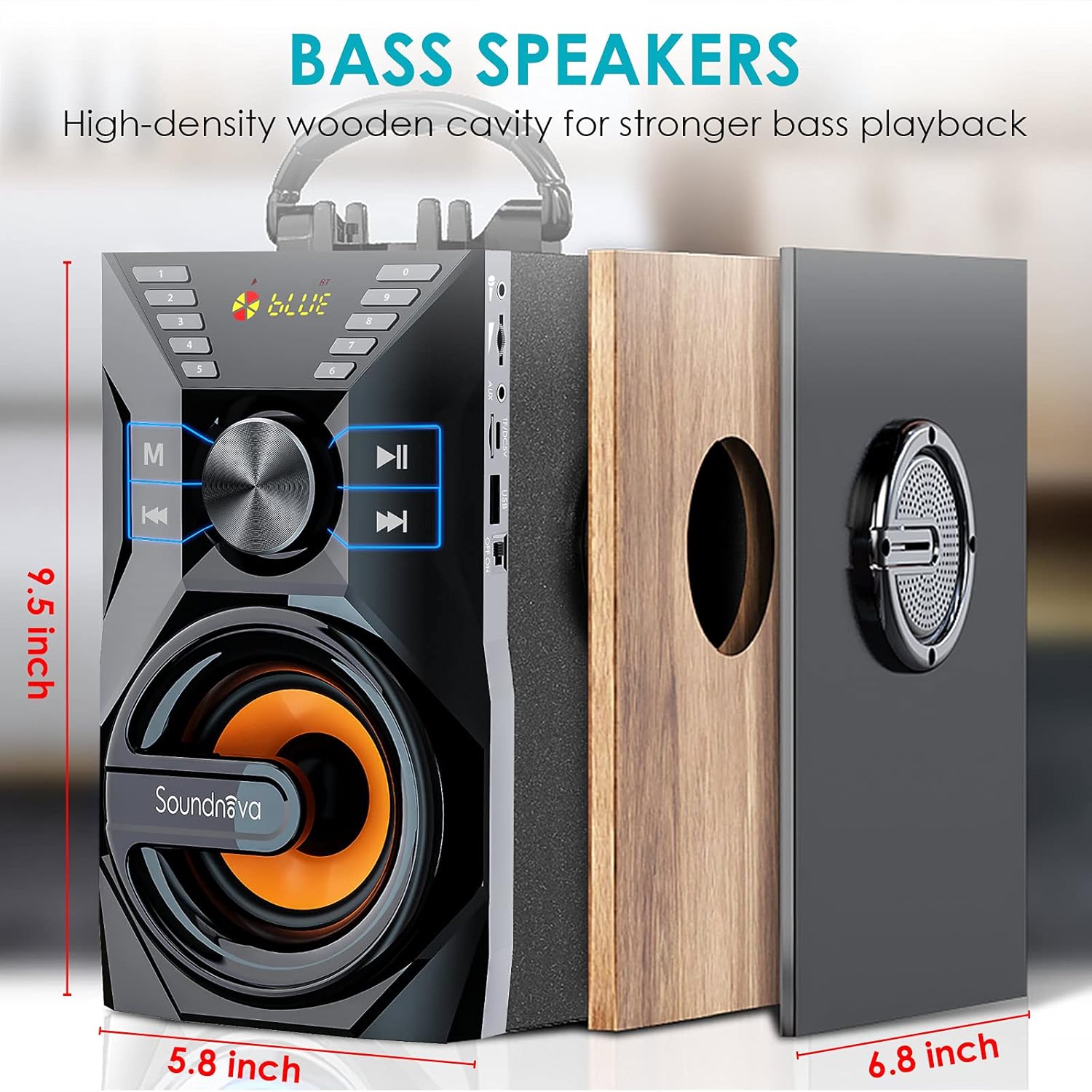 Soundnova K9 Pro speaker showing dimensions of 9.5 inches height, 5.8 inches depth, and 6.8 inches width, highlighting its wooden cavity for bass
