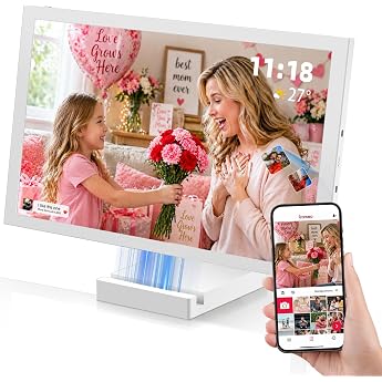 64 GB Frameo Digital Photo Frame 10.1 Inch WiFi, 5000 mAh Battery with Wireless Charge, HD IPS Touch Screen, Auto Rotation, I