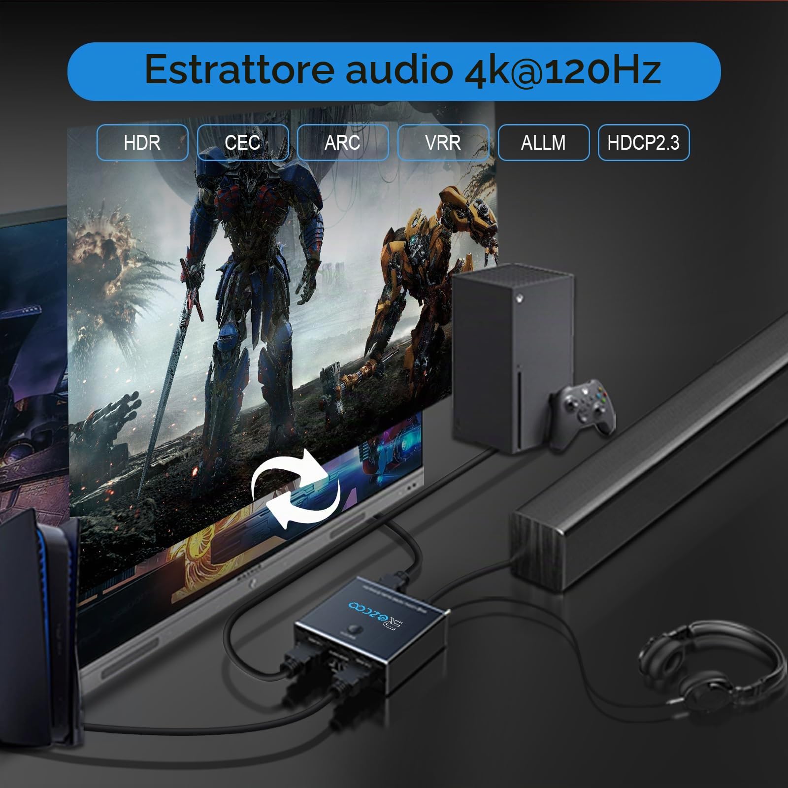 Estrattore audio HDMI 2.1 4K 120Hz VRR ALLM HDCP2.3 HDR10 ARC Audio Extractor Switch 2 IN 1 OUT Convertitore audio SPDIF ottico Stereo Audio Breakout Dolby Digital EDID per PS5 XBOX