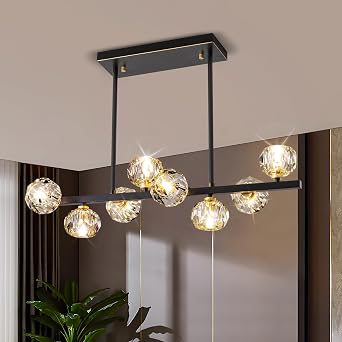 تشاندلير كريستال الحديثة تجهيزات إضاءة غرفة الطعام الثريات السوداء مع كريستال بال الظل 8-Lights Industrial Globe Hanging إضاءة لجزيرة المطبخ ، غرفة المعيشة ، غرفة الطعام   
