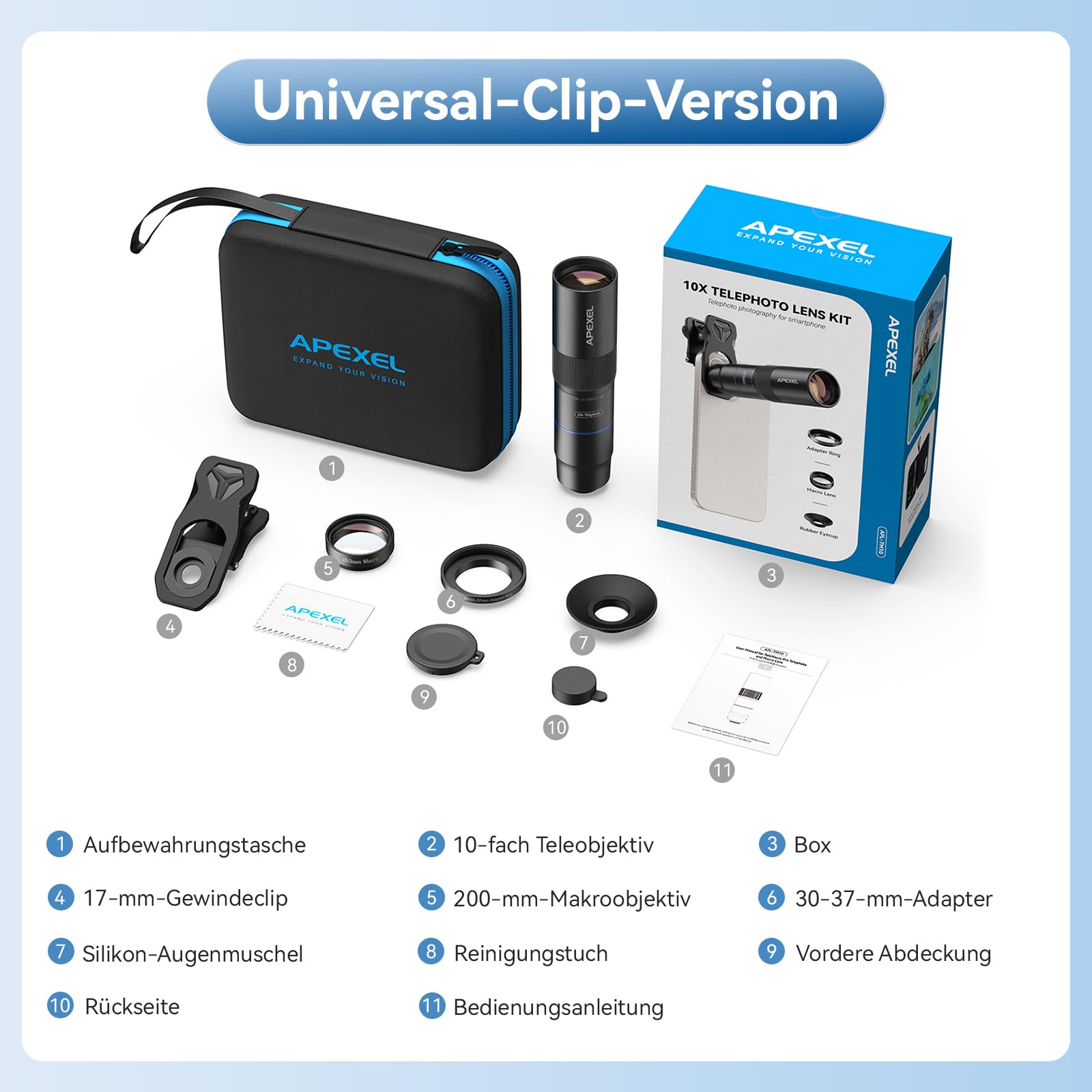 APEXEL Kompaktes 10x-Teleobjektiv für Smartphone & 200-mm-Makroobjektiv mit Universalclip, Professionelles FMC ED-Handy Objektiv, Geeignet für iPhone 17/16/15..., Samsung,Pixel und andere Smartphones