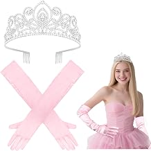 Semato Princess Crown with Pink Satin Gloves Halloween Cosplay Tiara Witch Costume Crown and Gloves for Adult Party Birthday Gifts