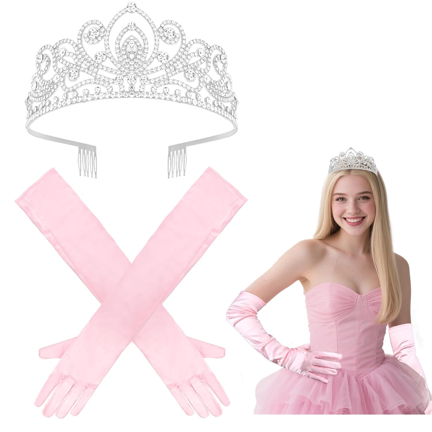 Semato Princess Crown with Pink Satin Gloves Halloween Cosplay Tiara Witch Costume Crown and Gloves for Adult Party Birthday Gifts