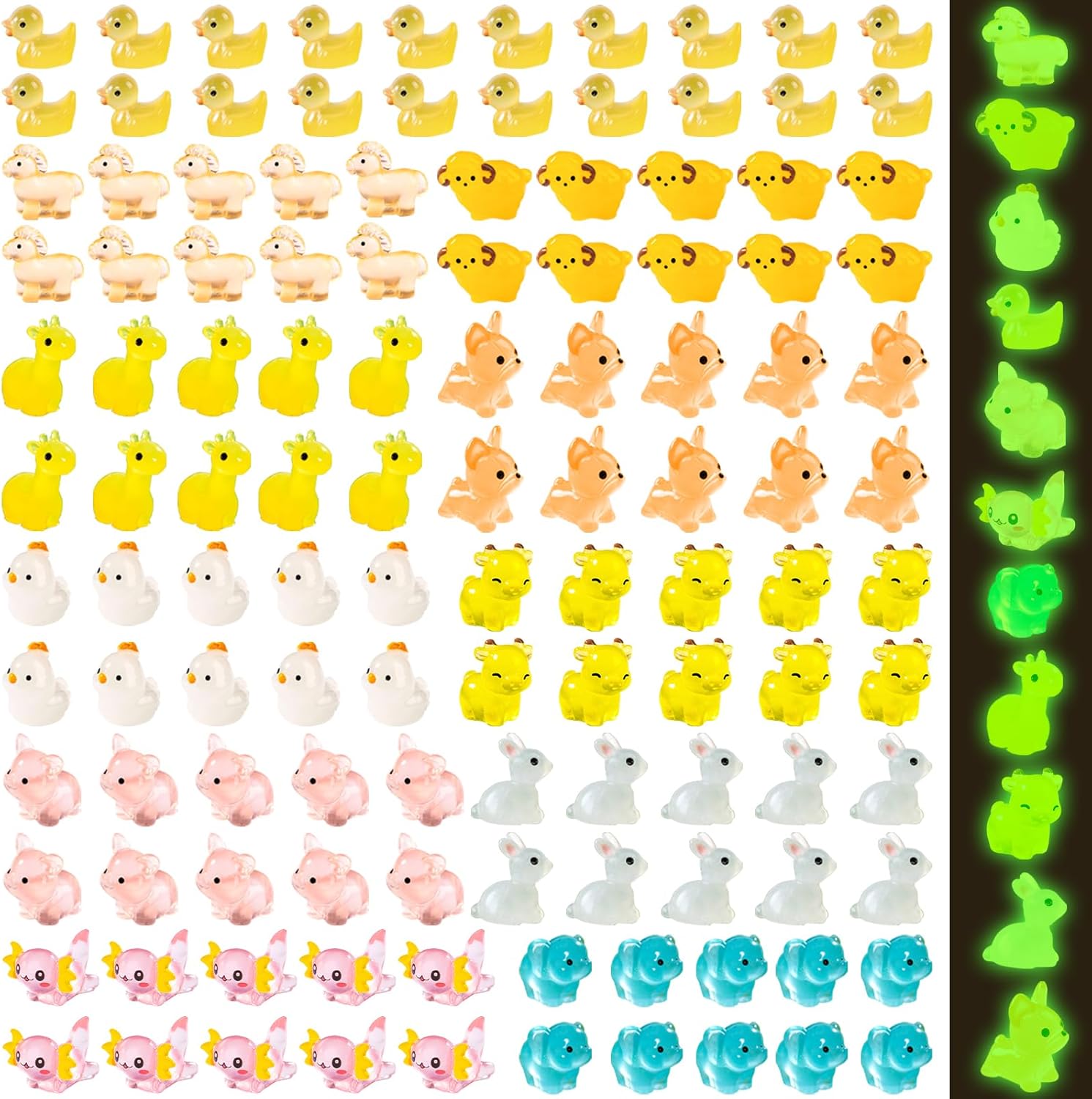 120pcs Various Luminous Mini Resin Animals Mini Ducks Cows Giraffes Tiny Hexagonal Dinosaur Figurines Glow in The Dark Garden Accessories Aquarium Micro Landscape Bonsai Dollhouse Decor