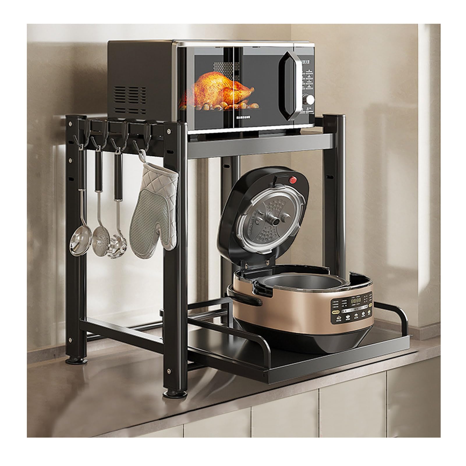 Support de four à micro-ondes réglable et robuste avec étagère en acier noir