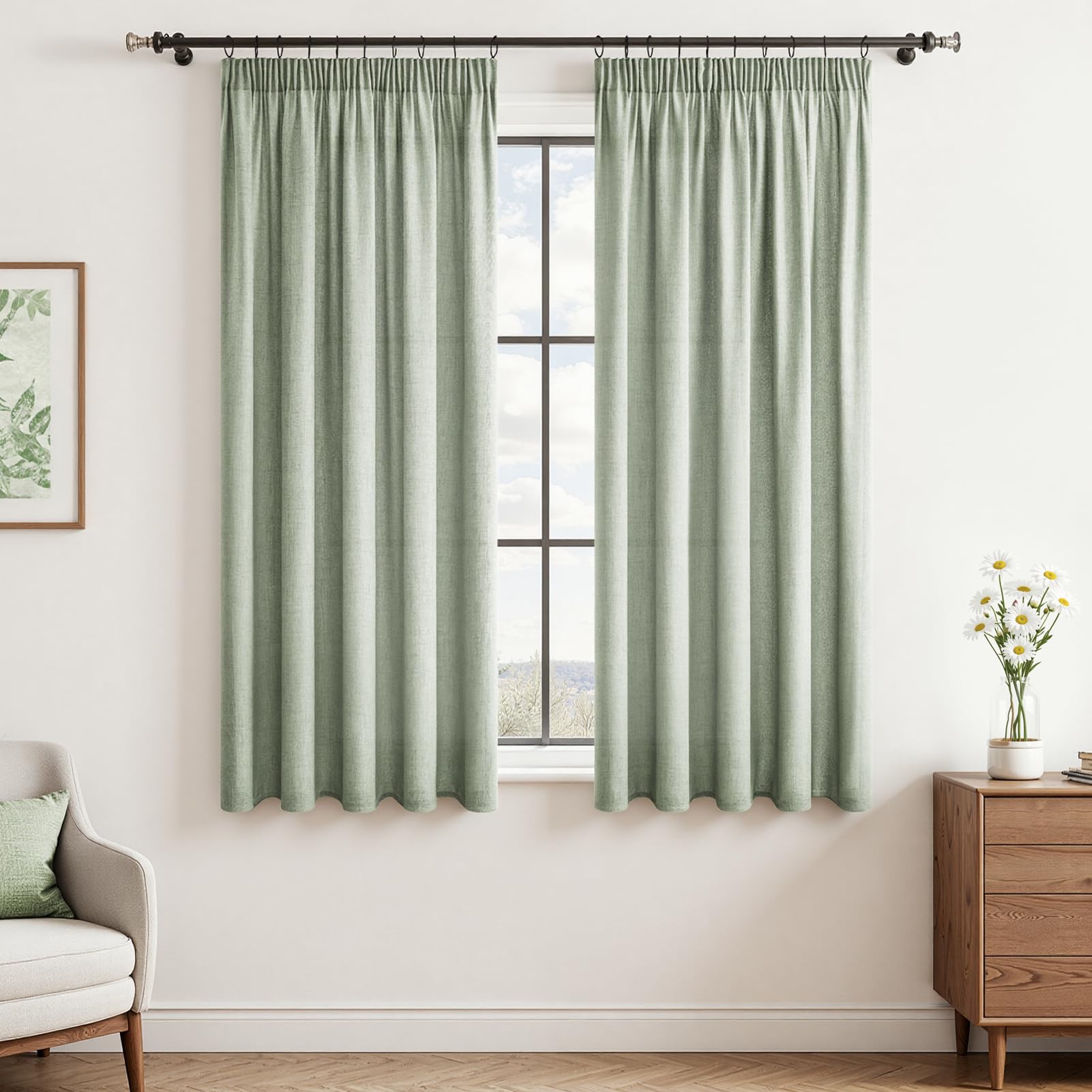 CUTEWIND Gardinen mit Kräuselband Leinenoptik Kurz Fenster Wohnzimmer, Vorhang Leinen Halbtransparent, Vorhänge Schlafzimmer Küche und Kinderzimmer