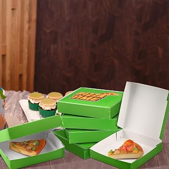 Dunzoom 48 Pcs Green Mini Pizza Boxes, Square Cardboard Party Favors, Decorative Turtle Pizza Boxes, Ideal for Pizza, Cookies, Pastries