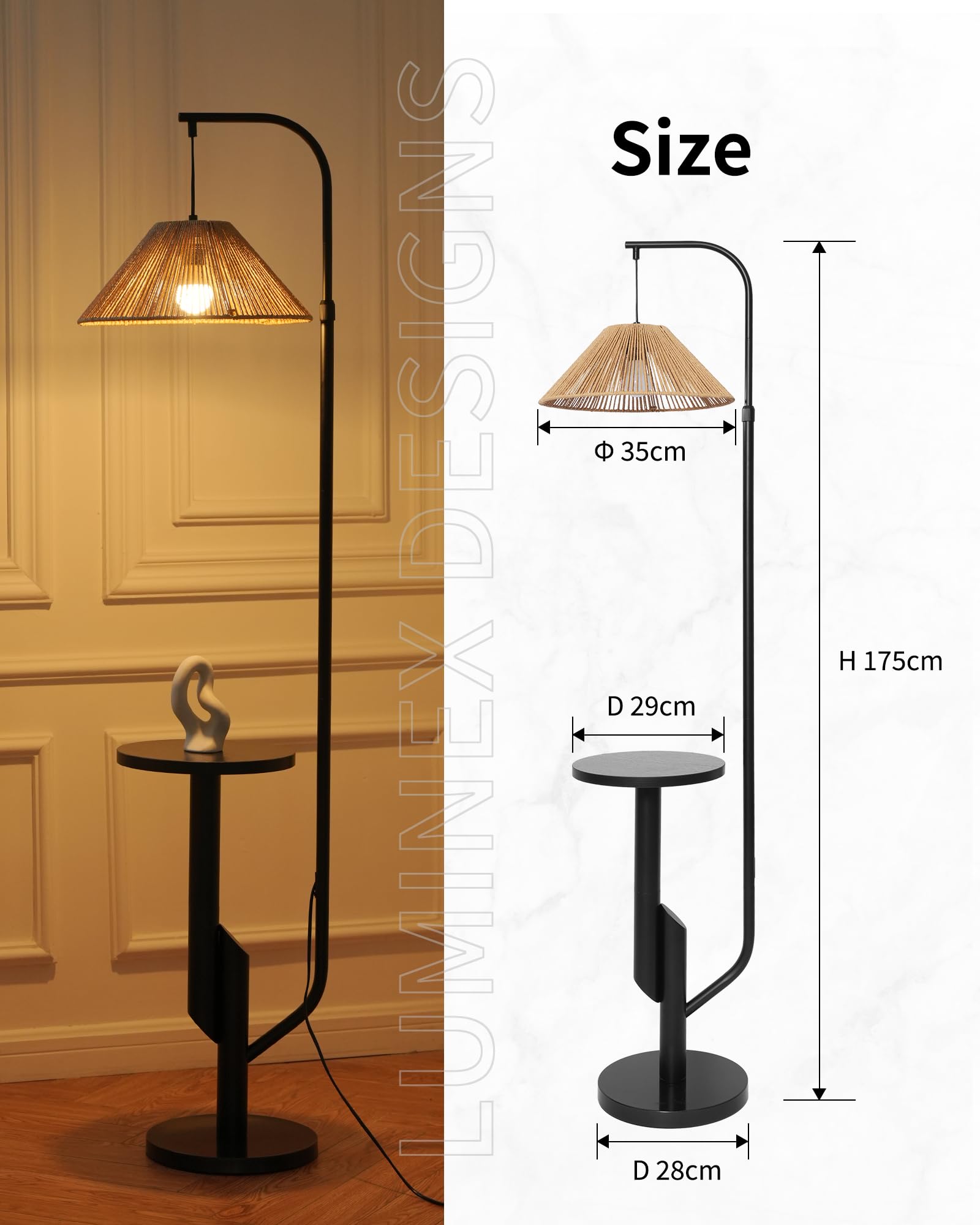 Stehlampe Wohnzimmer Rattan mit Ablage – Boho Stehleuchte E27 mit gewebtem Lampenschirm, 3 Farbtemperaturen einstellbar per Fußschalter, 175cm hoch für Schlafzimmer WOVI FL15