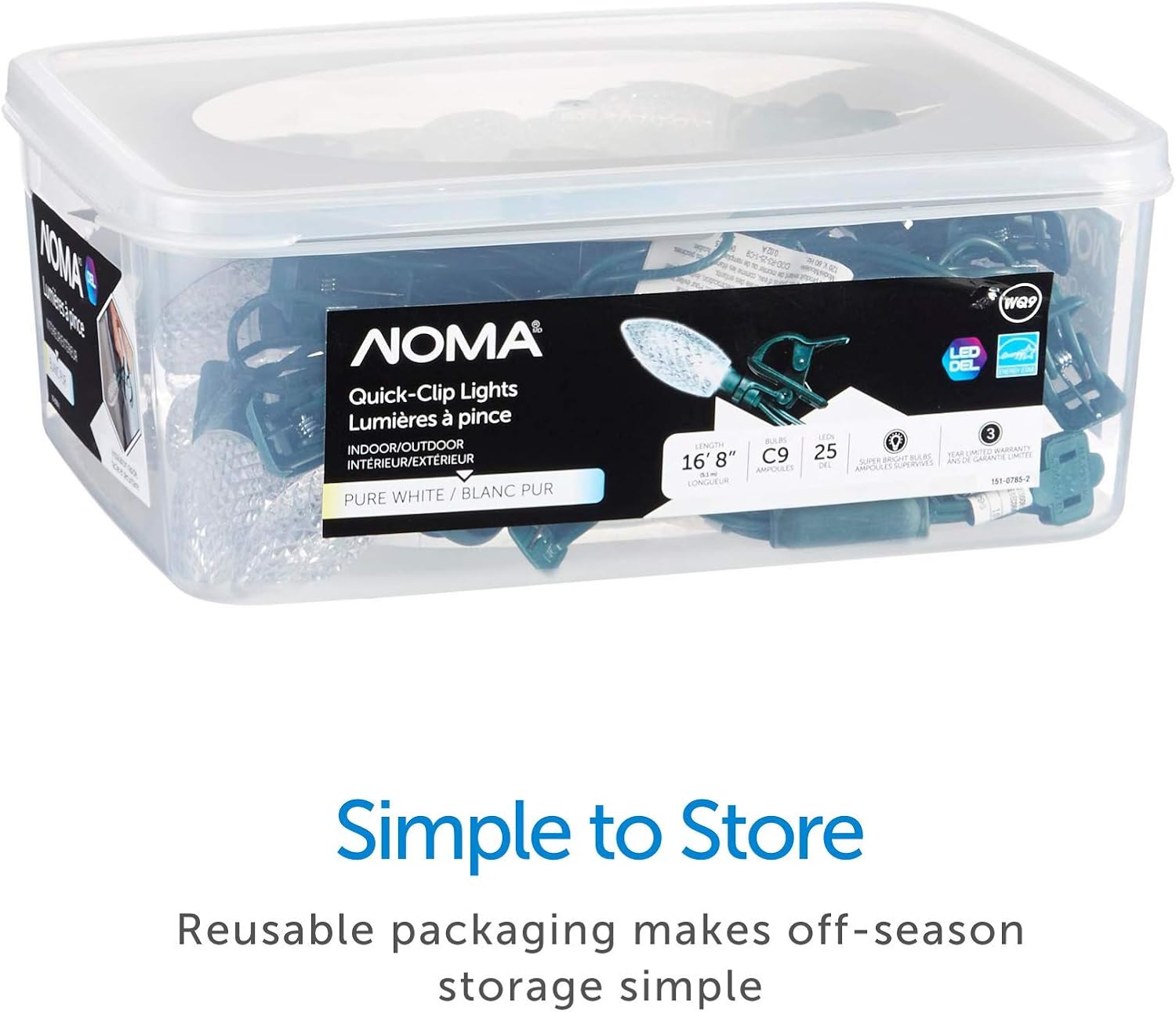 Noma C9 LED Quick Clip Christmas Lights | Built-in Clip-On String Lights | 25 Pure White Bulbs | 16 Foot Strand