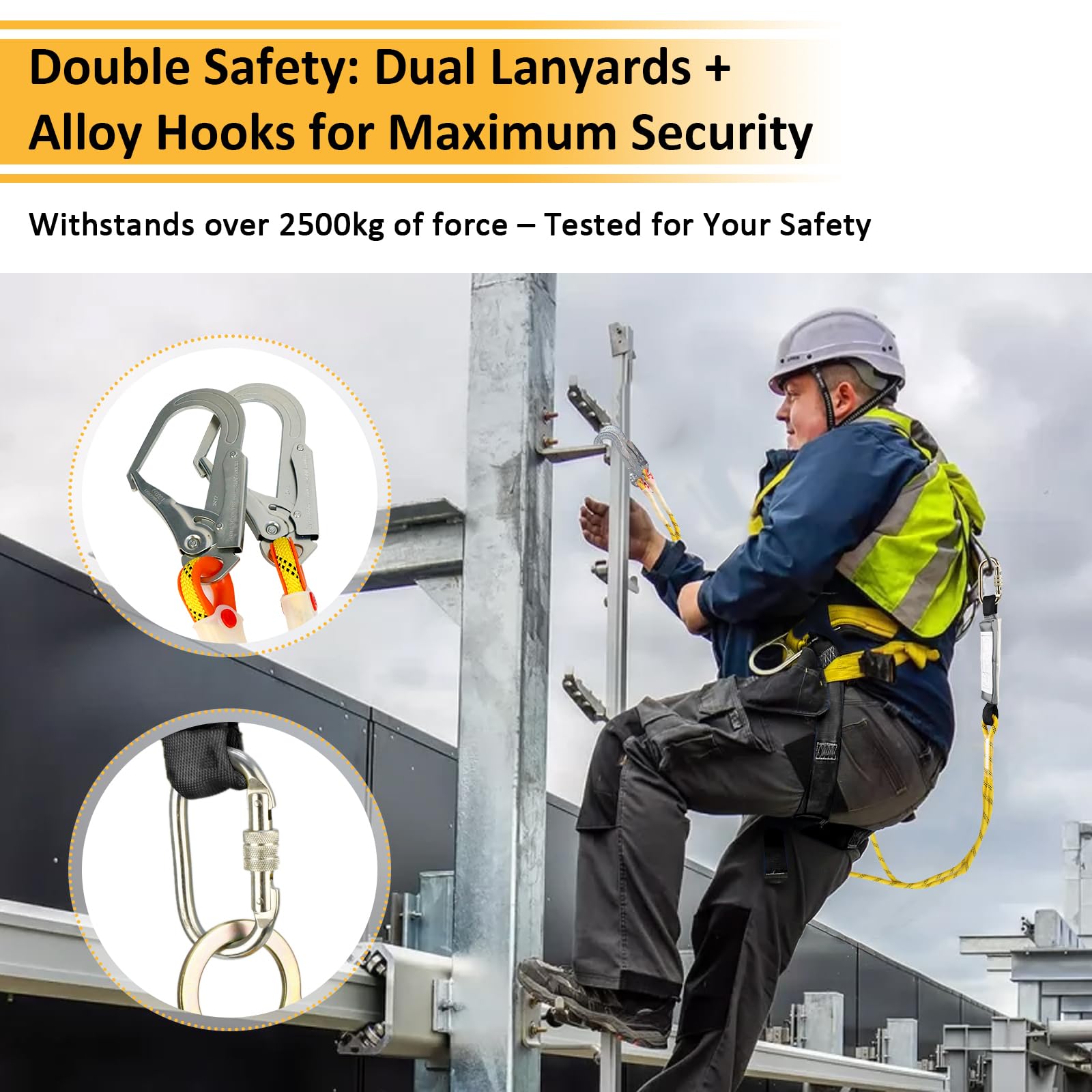 Imbracatura di sicurezza anticaduta con doppia fune e ganci, imbracatura corpo intero regolabile per uomo, edilizia, arrampicata, tetti, lavori esterni, carico max 100 kg, conforme EN 361/354/355
