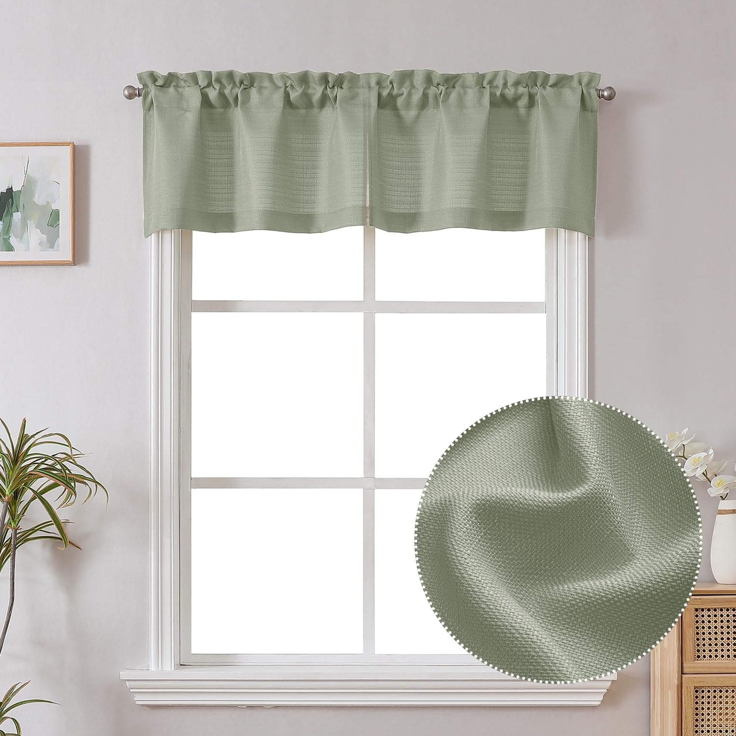 Chyhomenyc Bennett Light Green Window Valance, Faux Linen Slub Textured Semi Sheer Small Kitchen Cafe Valance, 30Wx14L, 2 Piece
