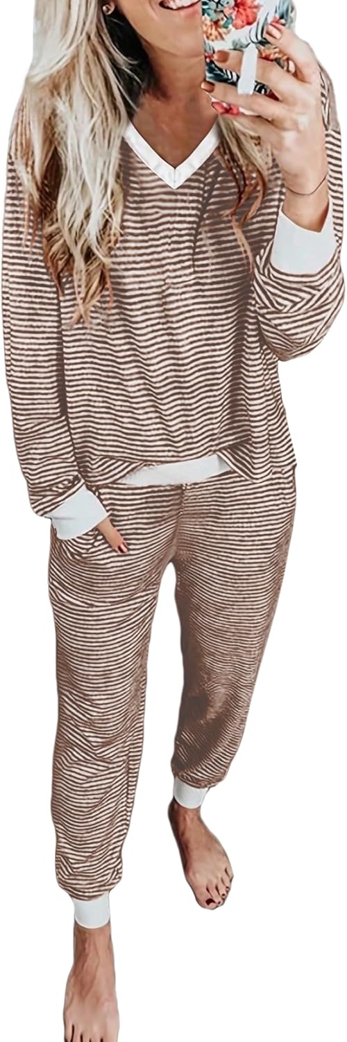 JUSTFASHIONNOW Women's Pajama Sets 2 Piece Striped Lounge Sets Long Sleeve Top and Pants Soft Sleepwear Pjs 2025 Fall Outfits - Image 4