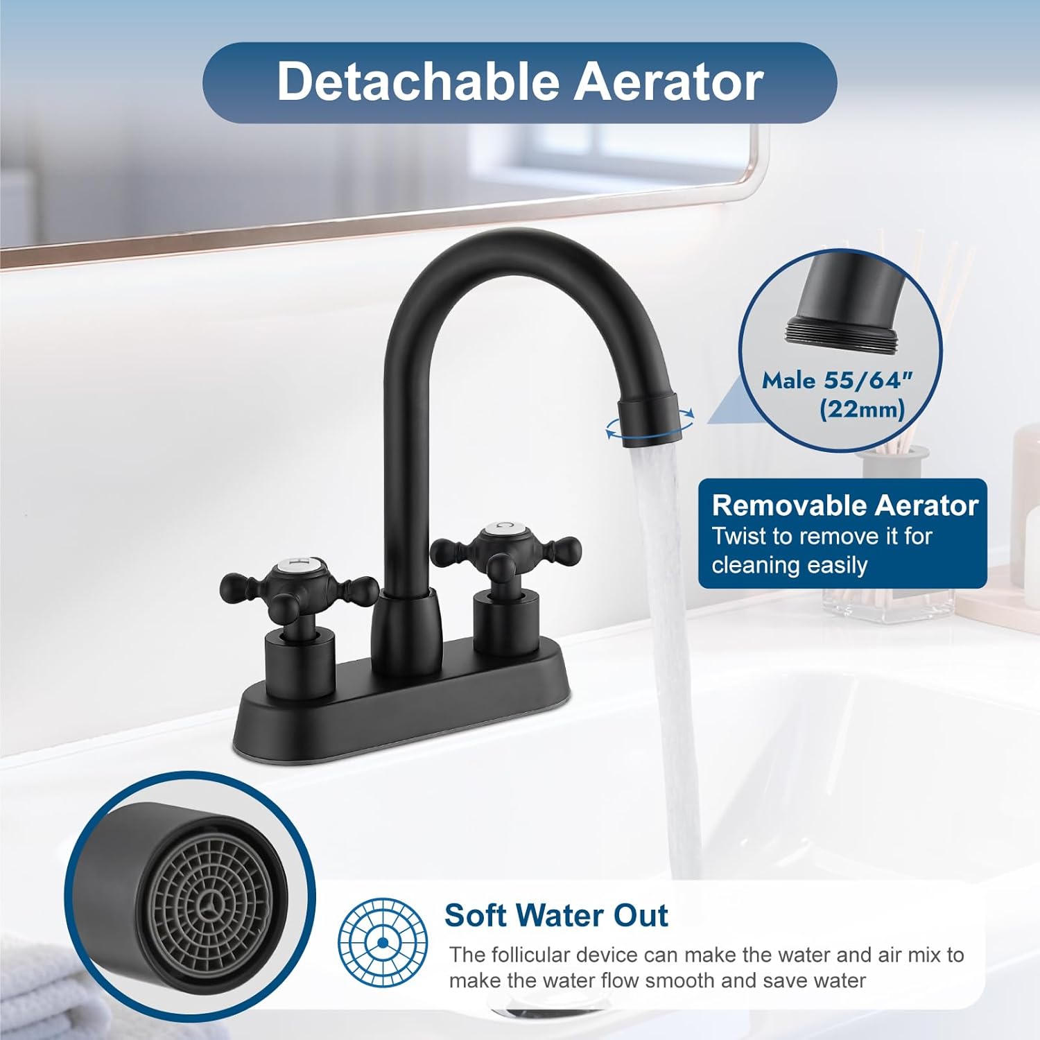 4 Inch Centerset Bathroom Faucets Double Cross Handle Bathroom Sink Faucet Deck Mounted Vintage RV Farmhouse Vanity Basin Mixer Tap with Pop up Drain,Matte Black - Image 3