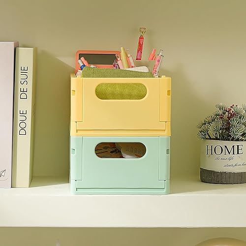 Miniatura 5 de TRZZ Paquete de 2 mini cajas organizadoras de plástico plegables de plástico, contenedores apilables lindos para oficina y hogar, dormitorio, baño y