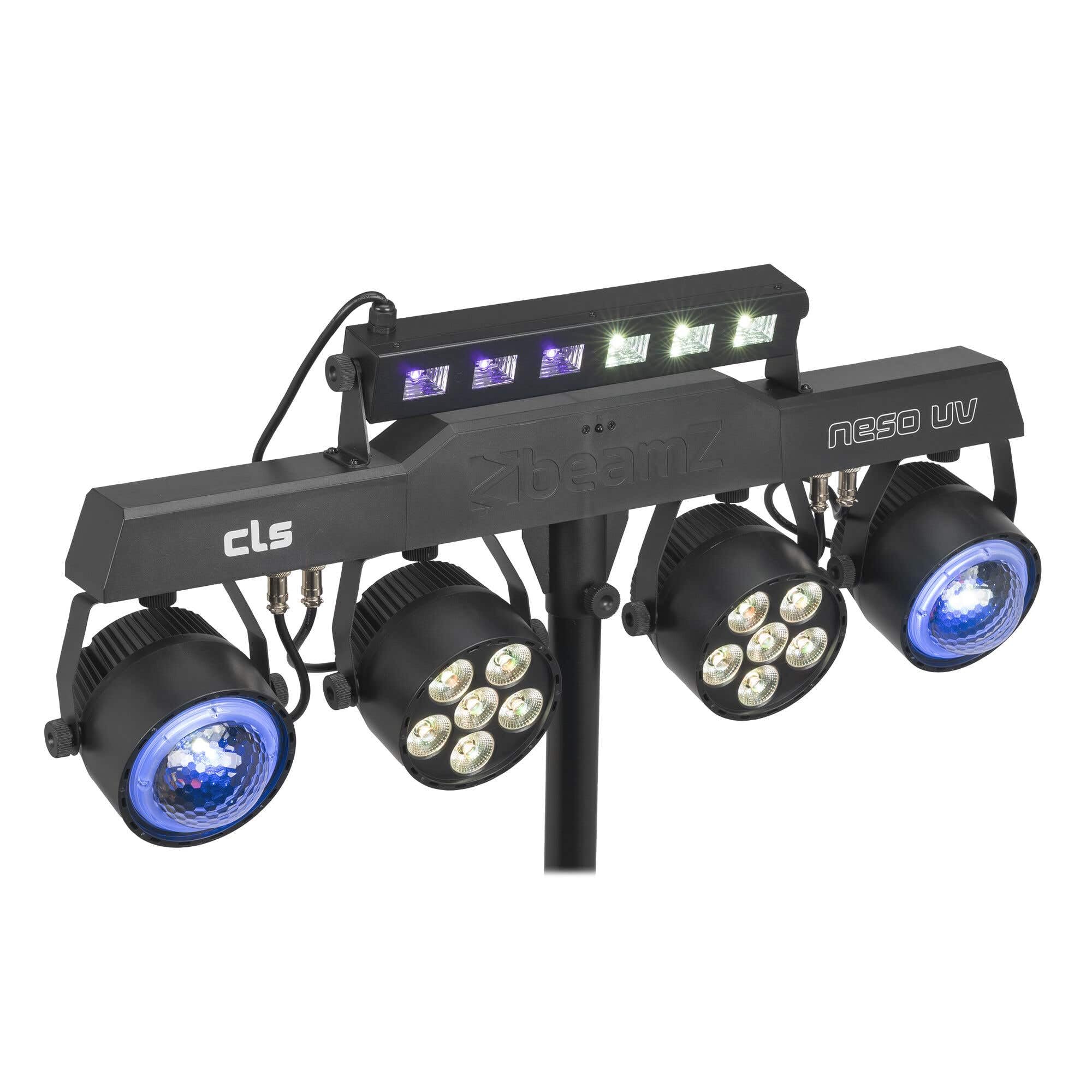 BeamZ CLS NesoUV Party Bar con 2 jelly moon, 2 par led rgbw y barra UV strobe, barra led dj con tripode, dmx 512, luces discoteca para casa, luces dj y luces escenario
