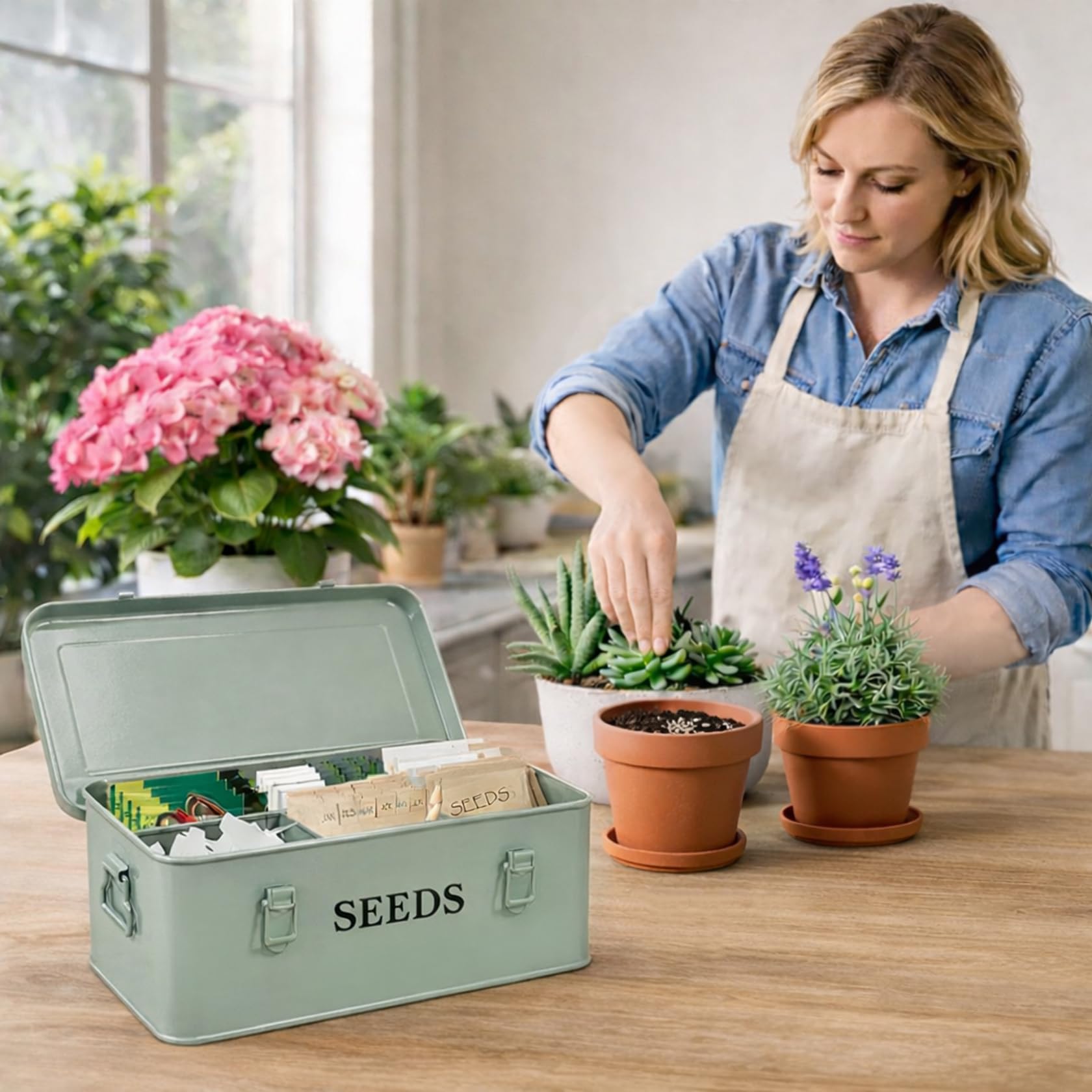 Boîte Graines Métal Verte 33 x 18 x 13 cm avec Étiquettes pour Jardin Box