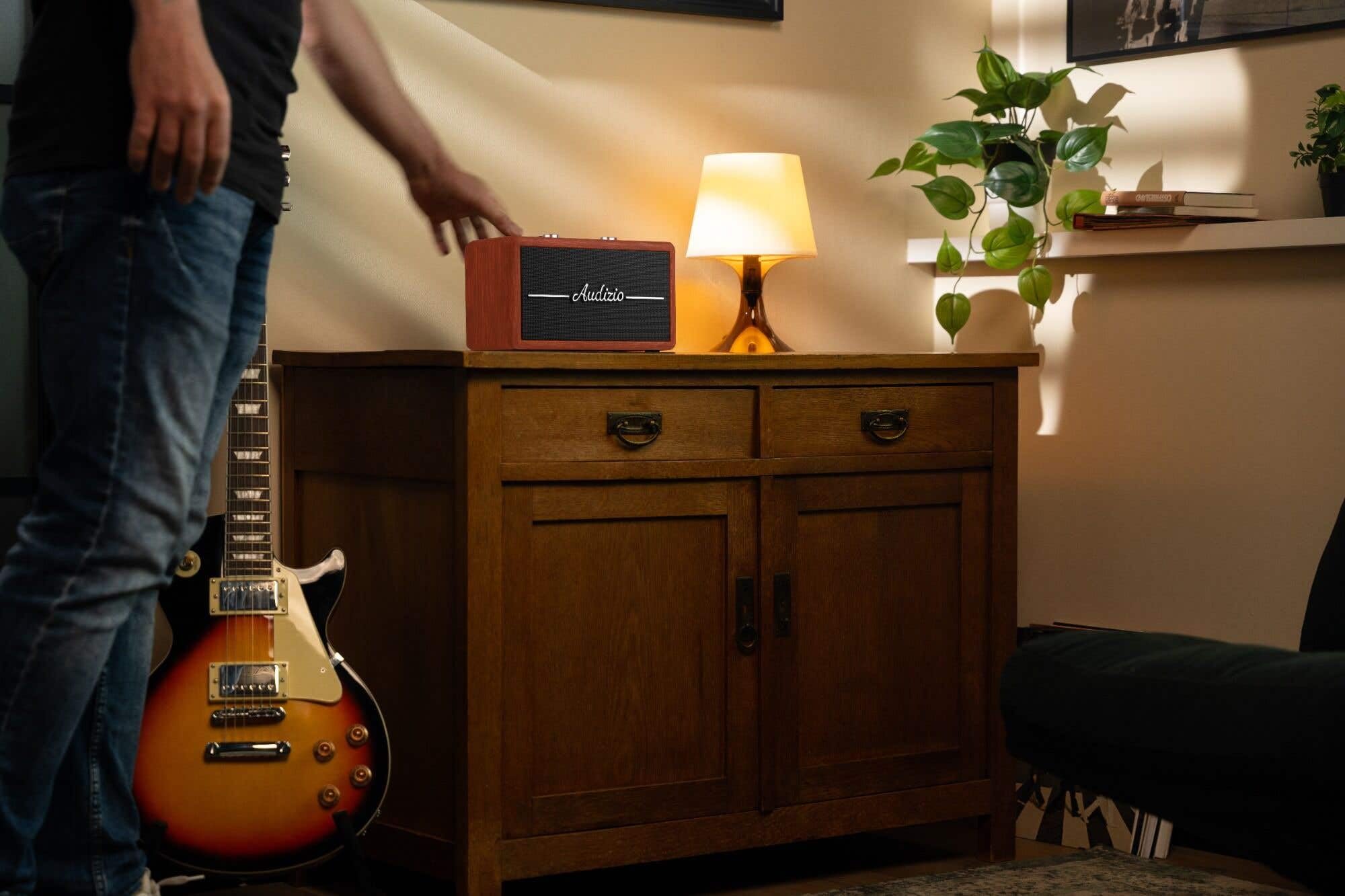 Audizio Tune60 Enceinte Portable BT Rétro avec Radio Dab+ et FM - Haut Parleur sans Fil Vintage 40W avec USB, Micro SD, AUX et Télécommande - Enceinte Mobile Design Cerisier