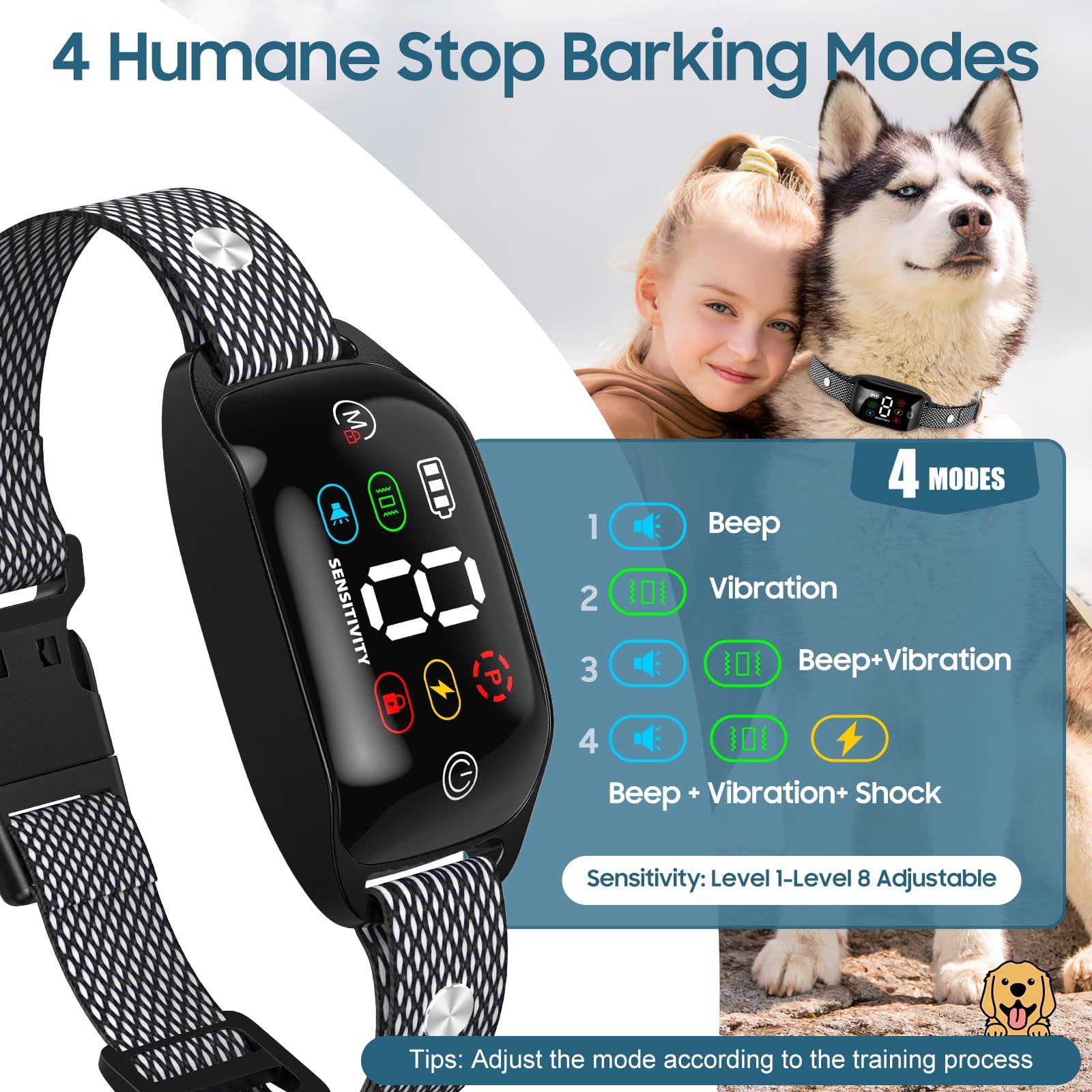 Dog Bark Collar, CMUBH Bark Collar for Large Dog with Beep Vibration Shock, Rechargeable Barking Collar with 8 Adjustable Sensitivity, Smart Anti Bark Collars for Medium Dogs