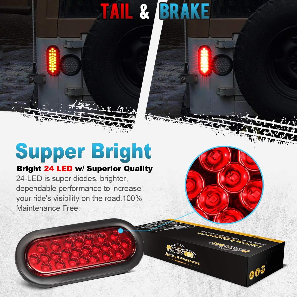 Partsam 2 Pcs 6 Inch Red Oval Led Trailer Tail Lights 24 LED Grommet Mount, Oval 6" Red Stop Turn Tail Brake Light Rubber Flush Mount Replacement for Trailer RV Trucks Bus Waterproof