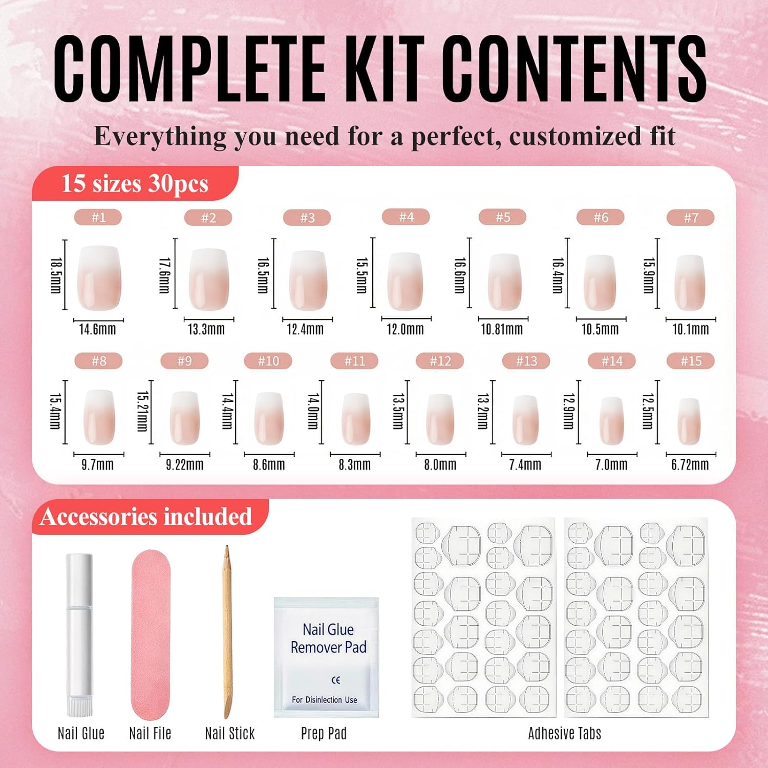 Ombre Press on Nails Short Square, Soft Gel Nude Pink Fake Nails Press on with Glue, 30Pcs Reusable Stick on Nails in 15 Sizes, Salon Quality False Nails for Women Spring Summer Vacation Gift