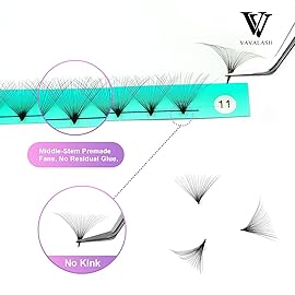 VAVALASH Premade Fans Eyelash Extensions 10D 12D 14D 16D 20D 24D 0.03 0.05 0.07 Thickness C/D Curl Middle Stem Heat Bonded Premade Fans Russian Volume Lash Extensions (30D-0.03-D-8-15mm)