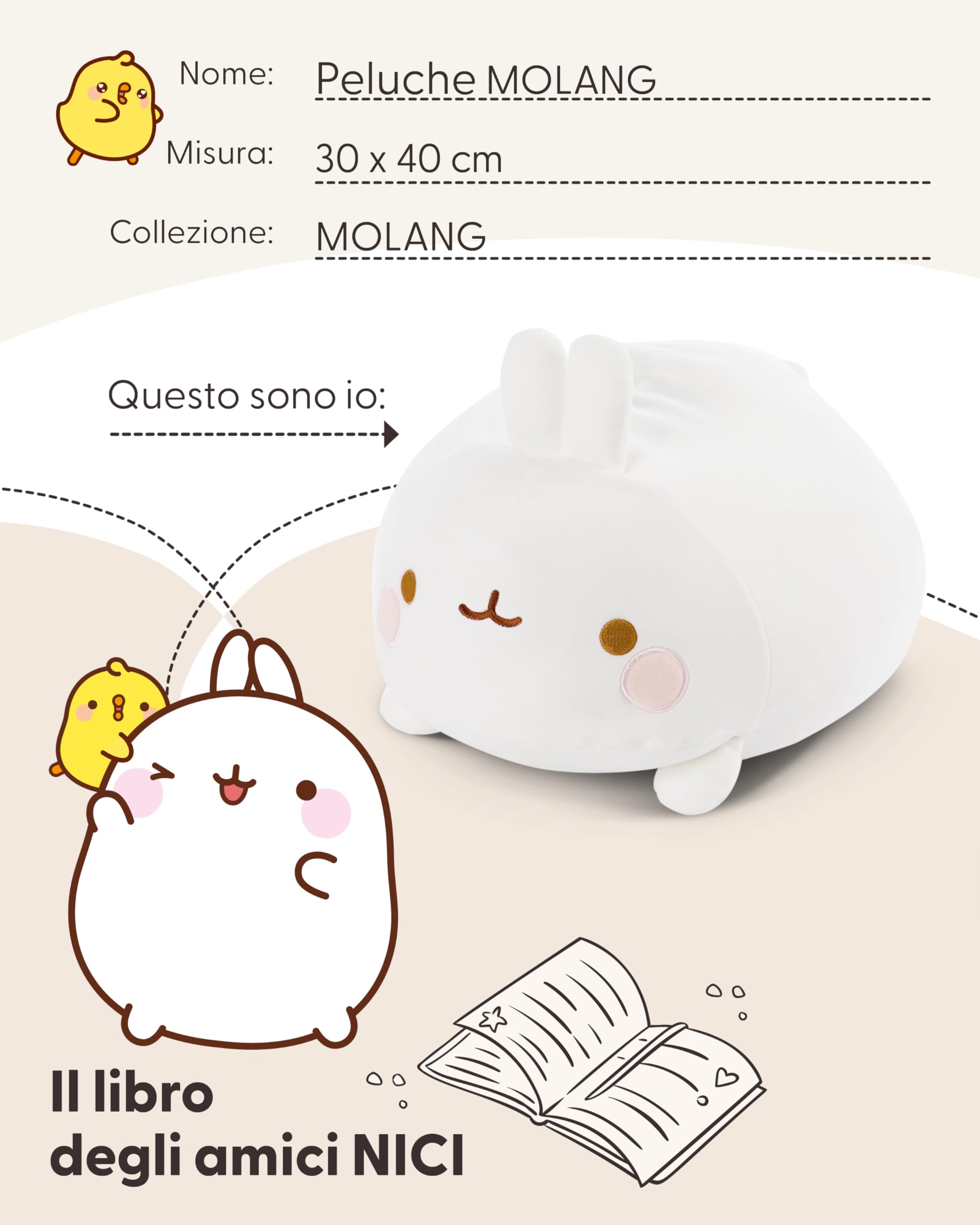 NICI Molang Animaletto di peluche, tenero pupazzo per coccole e giochi, per adulti e bambini, 30 x 40 cm, bianco - 62670