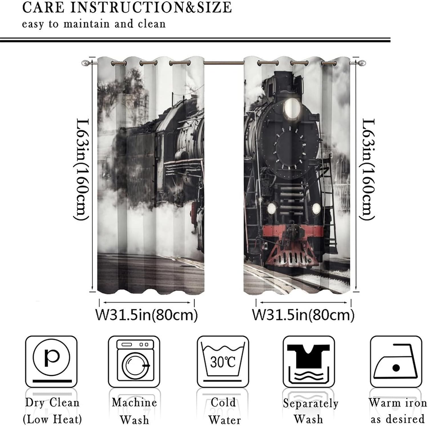 Retro Train Curtains - Rustic Vintage Railway Native American Western Theme Steam Train Window Curtain Room Darkening Blackout Curtains Thermal Insulated Grommet Curtains 2 Panels 63L x 31.5W