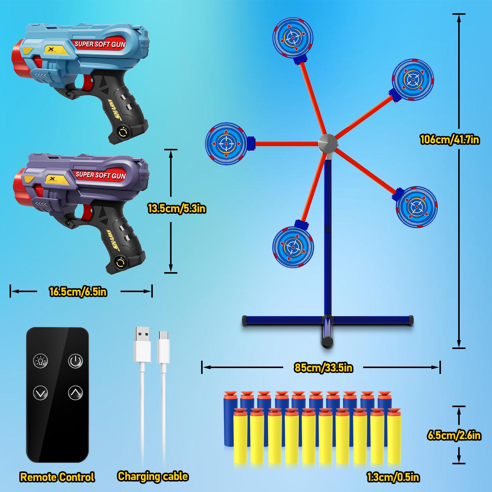 DX DA XIN Cible de Tir Rotative Jeux pour Enfants Comprend 2 Pistolets Jouets 20 Mousse Fléchettes Jouets de Jardin D'Extérieur Cadeaux pour Garçons 4 5 6 7 8 9 10 Ans