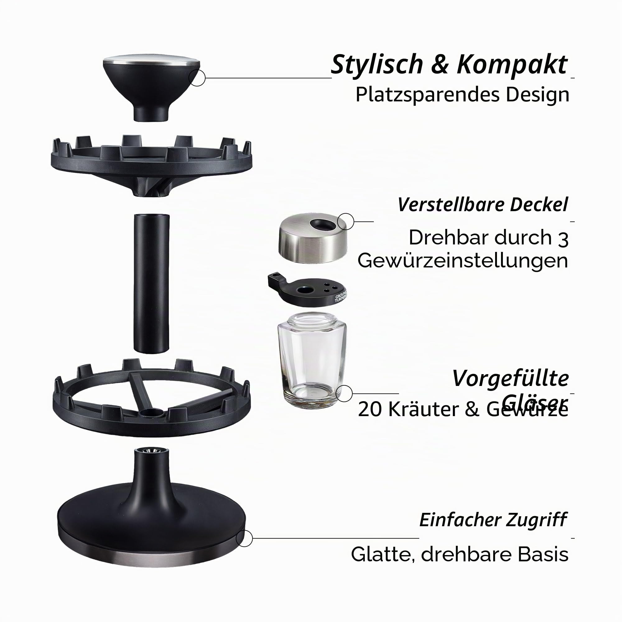 Cole & Mason Cambridge Gewürzregal mit 20 Gewürzgläser gefüllt, Gewürz Organizer, 360° Gewürzkarussell Drehbar, Edelstahl/Glas, Gewürzgläser Set mit Regal, Gewürze/Kräuter enthalte, Gewürze Set